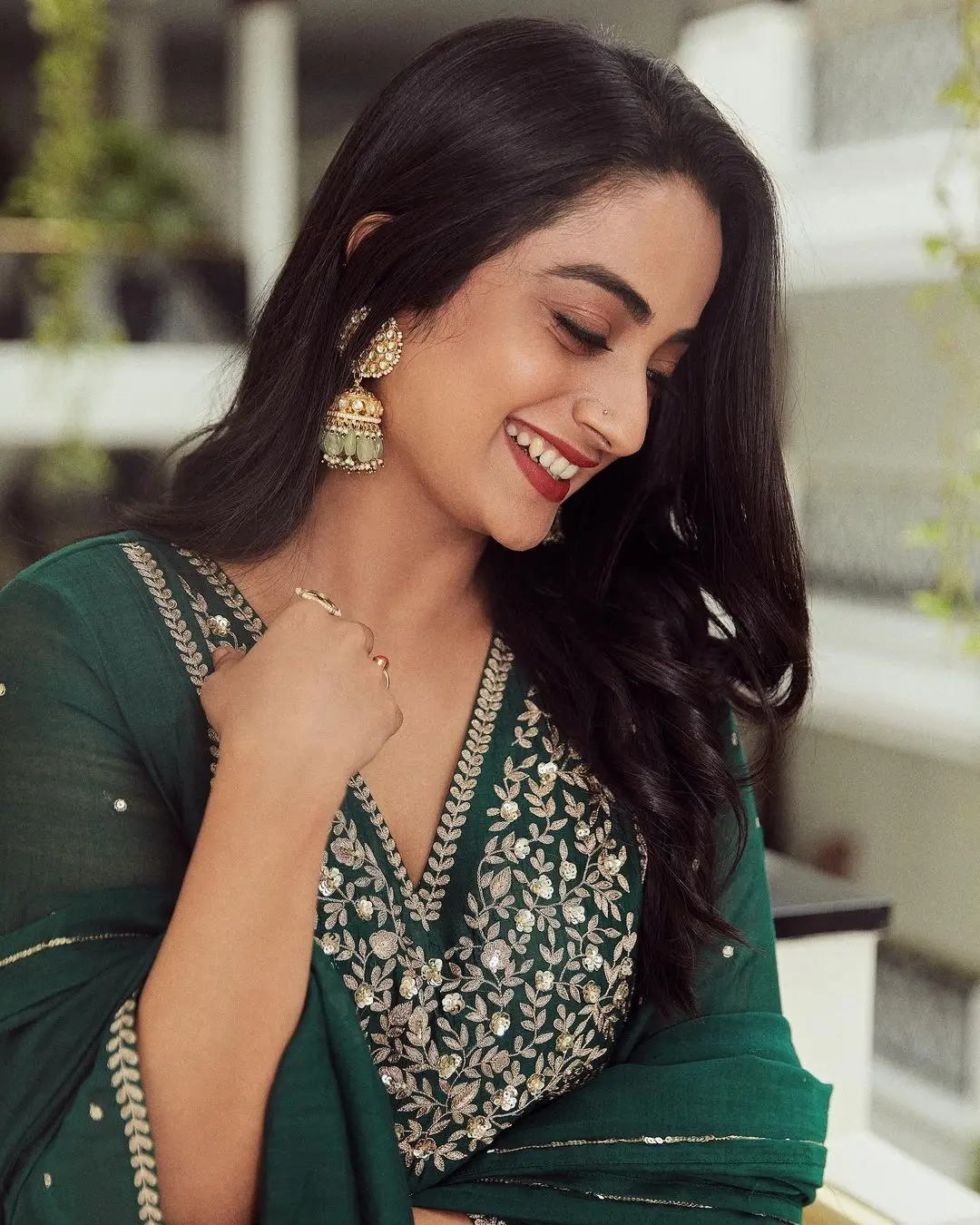 Namitha Pramod Wearing Beautiful Earring Designer Green Dress